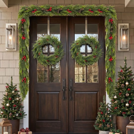 Glitzhome® 9ft. Christmas PE Dripping Garland with Pinecones and Red Berries, Set of 2